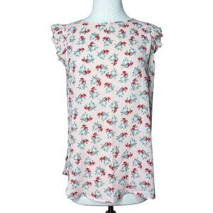LOFT Floral Ruffle Sleeve Blouse Pink Red Teal Lightweight Shell Top Small S